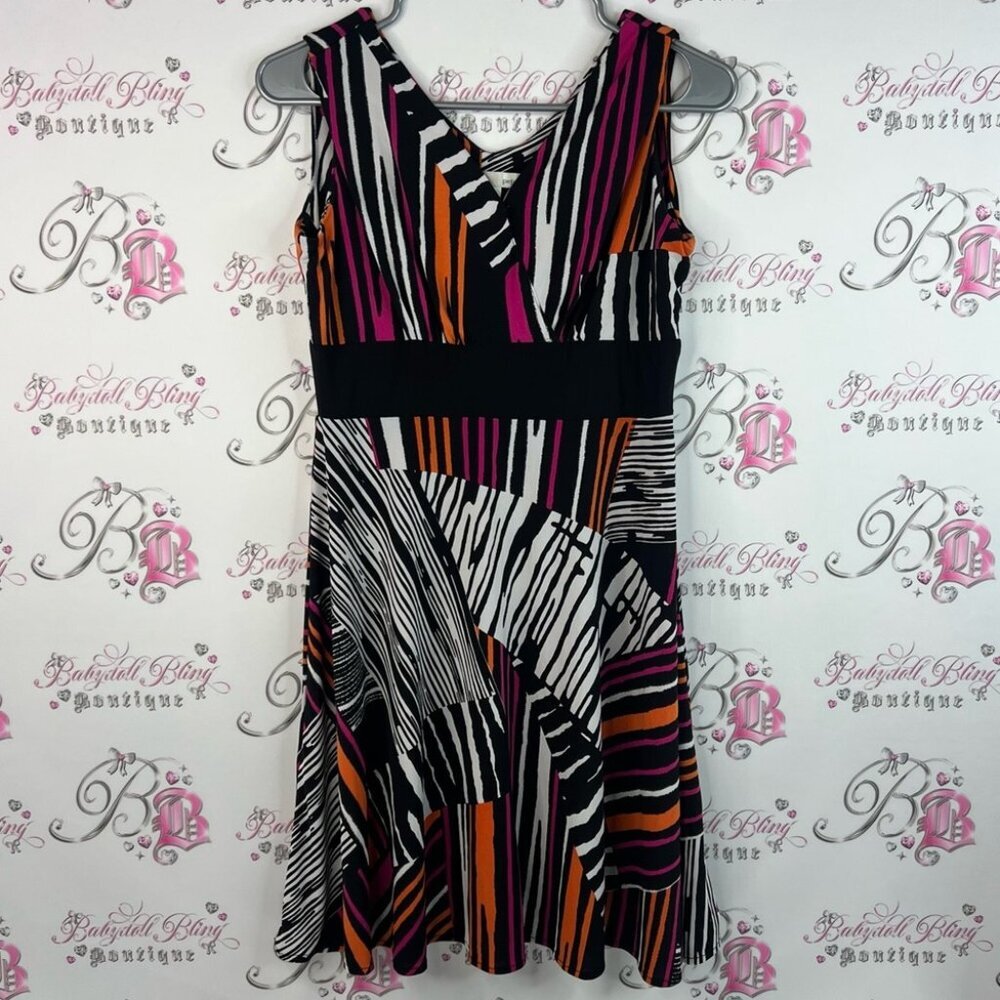 Cleo dress striped flowy Asymmetrical Dress in Black, White, Pink, and Orange
